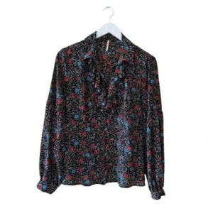 Free People Ruffle Floral Poet High Neck Button Front Ballon Sleeves SZ S #2008